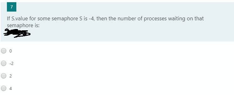 7
If S.value for some semaphore S is -4, then the number of processes waiting on that
semaphore is:
-2
2
