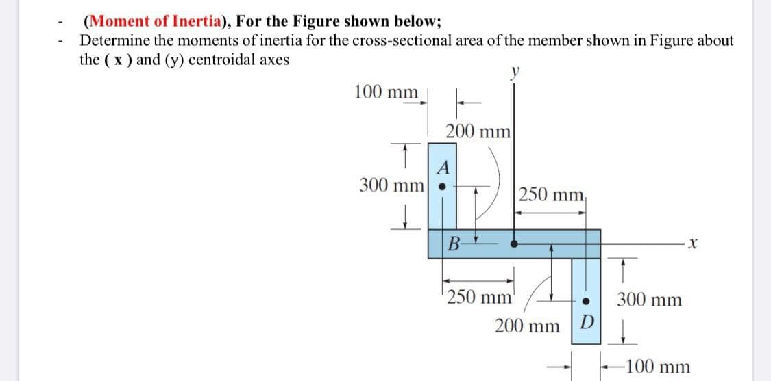 (Moment of Inertia), For the Figure shown below;
Determine the moments of inertia for the cross-sectional area of the member shown in Figure about
the (x ) and (y) centroidal axes
100 mm
200 mm
300 mm •
250 mm
B-
250
mm
300 mm
200 mm
D
-100 mm
