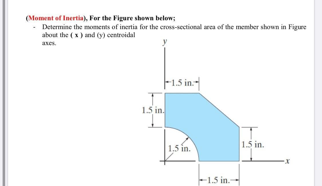 Determine the moments of inertia for the cross-sectional area of the member shown in Figure
about the ( x ) and (y) centroidal
аxes.
-1.5 in.-
1.5 in.
1.5 in.
1.5 in.
-1.5 in.-
