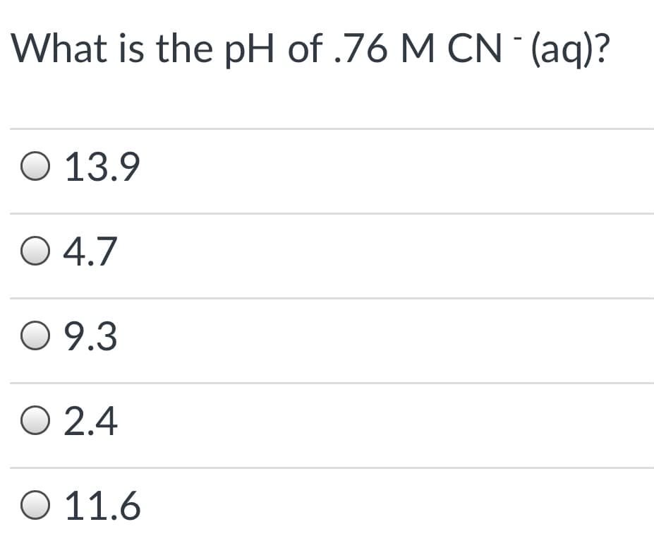 What is the pH of .76 M CN (aq)?
O 13.9
O 4.7
O 9.3
O 2.4
O 11.6
