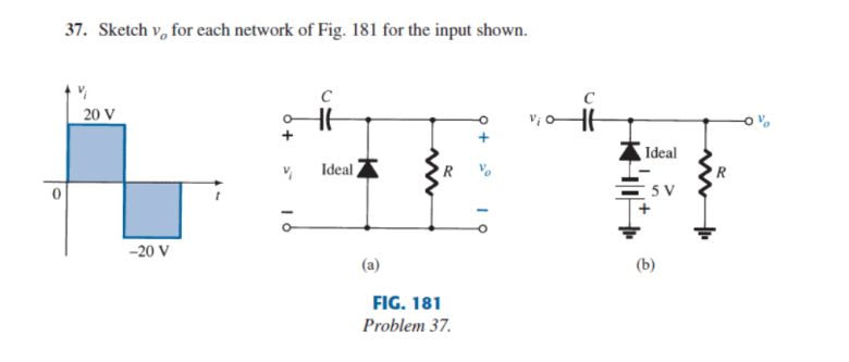 37. Sketch v, for each network of Fig. 181 for the input shown.
20 V
Ideal
Ideal A
R
R
5 V
-20 V
(a)
(b)
FIG. 181
Problem 37.
