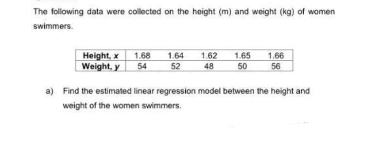 The following data were collected on the height (m) and weight (kg) of women
swimmers.
1.66
Height, x
Weight, y
1.68
1.64
1.62
48
1.65
54
52
50
56
a) Find the estimated linear regression model between the height and
weight of the women swimmers.
