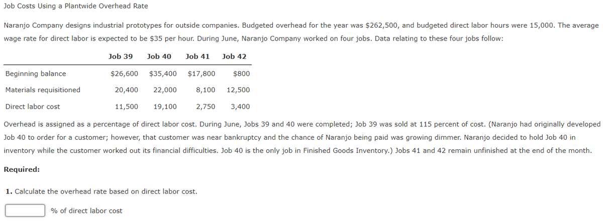 Job Costs Using a Plantwide Overhead Rate
Naranjo Company designs industrial prototypes for outside companies. Budgeted overhead for the year was $262,500, and budgeted direct labor hours were 15,000. The average
wage rate for direct labor is expected to be $35 per hour. During June, Naranjo Company worked on four jobs. Data relating to these four jobs follow:
Job 39
Job 40
Job 41
Job 42
Beginning balance
$26,600
$35,400
$17,800
$800
Materials requisitioned
20,400
22,000
8,100
12,500
Direct labor cost
11,500
19,100
2,750
3,400
Overhead is assigned as a percentage of direct labor cost. During June, Jobs 39 and 40 were completed; Job 39 was sold at 115 percent of cost. (Naranjo had originally developed
Job 40 to order for a customer; however, that customer was near bankruptcy and the chance of Naranjo being paid was growing dimmer. Naranjo decided to hold Job 40 in
inventory while the customer worked out its financial difficulties. Job 40 is the only job in Finished Goods Inventory.) Jobs 41 and 42 remain unfinished at the end of the month.
Required:
1. Calculate the overhead rate based on direct labor cost.
% of direct labor cost
