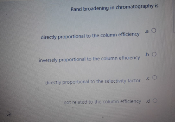 Band broadening in chromatography is
directly proportional to the column efficiency
.a O
inversely proportional to the column efficiency
.b O
directly proportional to the selectivity factor
.c O
not related to the column efficiency d O
