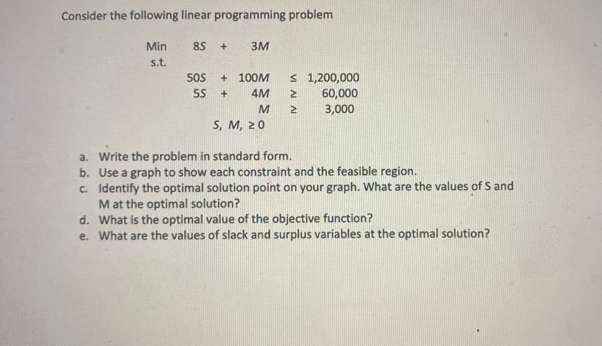 Consider the following linear programming problem
Min
8S
3M
s.t.
< 1,200,000
60,000
3,000
50S
+ 100M
5S
4M
S, M, 2 0
a. Write the problem in standard form.
b. Use a graph to show each constraint and the feasible region.
C. Identify the optimal solution point on your graph. What are the values of S and
M at the optimal solution?
d. What is the optimal value of the objective function?
e. What are the values of slack and surplus variables at the optimal solution?
VI NAL
