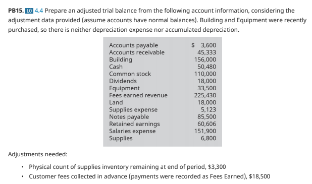 PB15. LO 4.4 Prepare an adjusted trial balance from the following account information, considering the
adjustment data provided (assume accounts have normal balances). Building and Equipment were recently
purchased, so there is neither depreciation expense nor accumulated depreciation.
$ 3,600
45,333
156,000
50,480
110,000
18,000
33,500
225,430
18,000
5,123
85,500
60,606
151,900
6,800
Accounts payable
Accounts receivable
Building
Cash
Common stock
Dividends
Equipment
Fees earned revenue
Land
Supplies expense
Notes payable
Retained earnings
Salaries expense
Supplies
Adjustments needed:
• Physical count of supplies inventory remaining at end of period, $3,300
Customer fees collected in advance (payments were recorded as Fees Earned), $18,500
