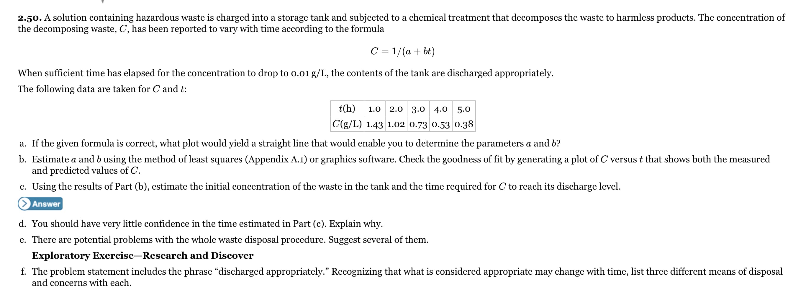 2.50. A solution containing hazardous waste is charged into a storage tank and subjected to a chemical treatment that decomposes the waste to harmless products. The concentration of
the decomposing waste, C, has been reported to vary with time according to the formula
C = 1/(a + bt)
When sufficient time has elapsed for the concentration to drop to o.01 g/L, the contents of the tank are discharged appropriately.
The following data are taken for C and t:
t(h)
1.0
2.0 3.0 4.0 5.0
C(g/L) 1.43 1.02 0.73 0.53 0.38
a. If the given formula is correct, what plot would yield a straight line that would enable you to determine the parameters a and b?
b. Estimate a and b using the method of least squares (Appendix A.1) or graphics software. Check the goodness of fit by generating a plot of C versus t that shows both the measured
and predicted values of C.
c. Using the results of Part (b), estimate the initial concentration of the waste in the tank and the time required for C to reach its discharge level.
Answer
d. You should have very little confidence in the time estimated in Part (c). Explain why.
e. There are potential problems with the whole waste disposal procedure. Suggest several of them.
Exploratory Exercise-Research and Discover
f. The problem statement includes the phrase "discharged appropriately." Recognizing that what is considered appropriate may change with time, list three different means of disposal
and concerns with each.

