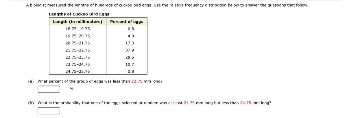 A biologist measured the lengths of hundreds of cuckoo bird eggs. Use the relative frequency distribution below to answer the questions that follow.
Lengths of Cuckoo Bird Eggs
Length (in millimeters)
Percent of eggs
18.75-19.75
0.8
19.75-20.75
4.0
20.75-21.75
17.3
21.75-22.75
37.9
22.75-23.75
28.5
23.75-24.75
10.7
24.75-25.75
0.8
(a) What percent of the group of eggs was less than 22.75 mm long?
%
(b) What is the probability that one of the eggs selected at random was at least 21.75 mm long but less than 24.75 mm long?
