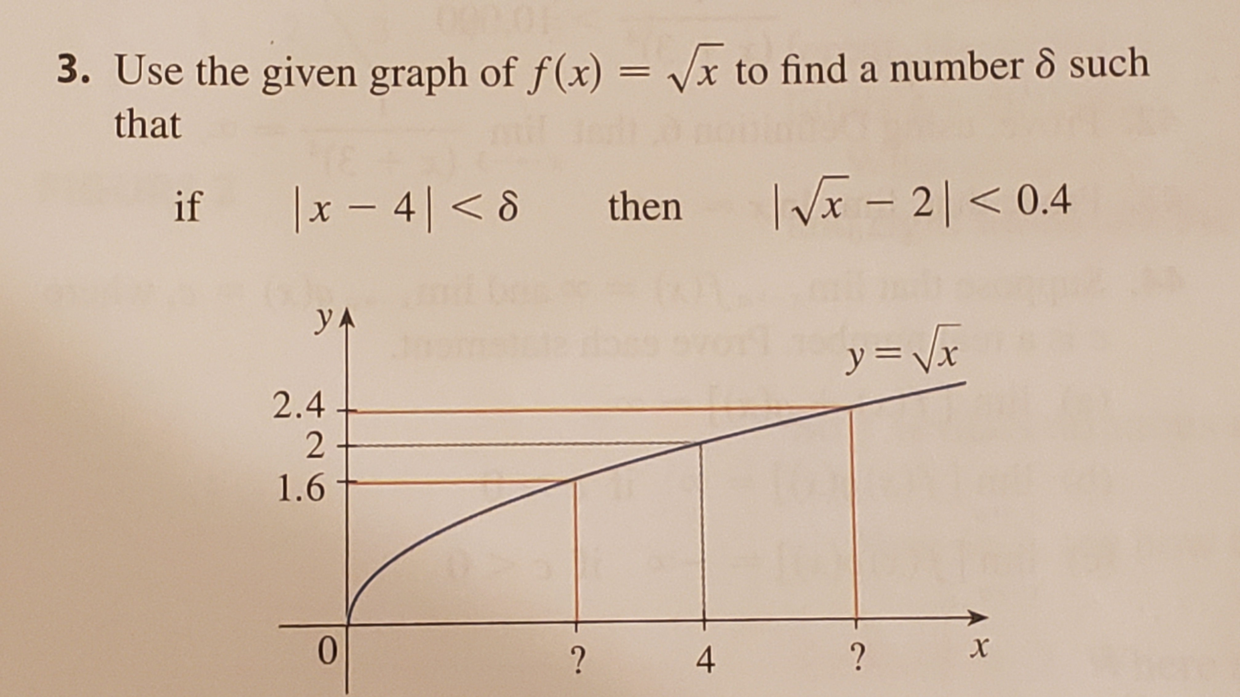 3. Use the given graph of f(x) = vx to find a number 8 such
that
IVx - 20.4
x48 then
if
yA
y Vr
2.4
2
1.6
0
x
?
?
4

