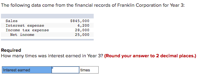 The following data come from the financial records of Franklin Corporation for Year 3:
Sales
$845,000
Interest expense
Income tax expense
Net income
4,200
28,000
25,000
Required
How many times was interest earned in Year 3? (Round your answer to 2 decimal places.)
Interest earned
times

