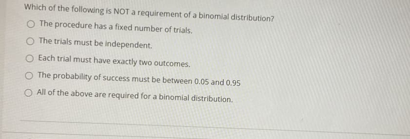 Which of the following is NOTa requirement of a binomial distribution?
O The procedure has a fixed number of trials.
O The trials must be independent.
O Each trial must have exactly two outcomes.
O The probability of success must be between 0.05 and 0.95
O All of the above are required for a binomial distribution.
