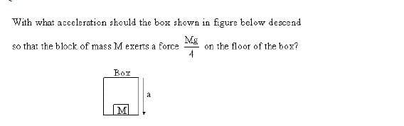 With what acceleration should the box shown in figure below descend
so that the block of mass M exerts a force
Mg
on the floor of the box?
Box
M
