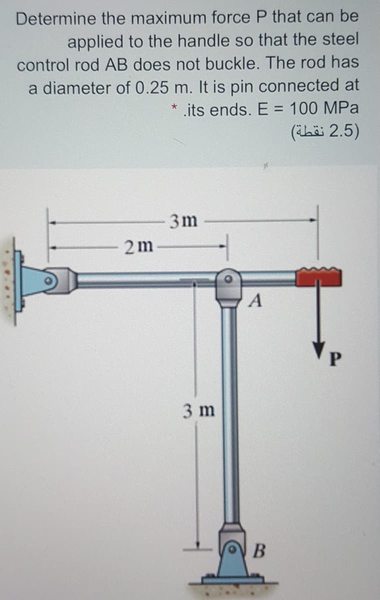 Determine the maximum force P that can be
applied to the handle so that the steel
control rod AB does not buckle. The rod has
a diameter of 0.25 m. It is pin connected at
.its ends. E = 100 MPa
)2.5 نقطة(
3m
2 m
A
3 m
