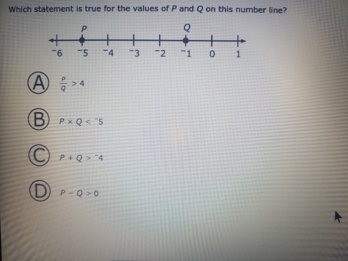 Which statement is true for the values of P and Q on this number line?
+
-5
-4
-3
-2
-1
(A) : > 4
B) PxQ < 5
P+Q > 4
P Q > 0
