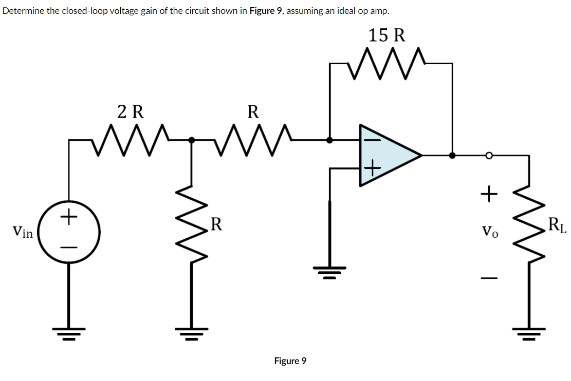 Determine the closed-loop voltage gain of the circuit shown in Figure 9, assuming an ideal op amp.
15 R
2 R
R
+
R
RL
Vo
Vin
Figure 9
루
루
