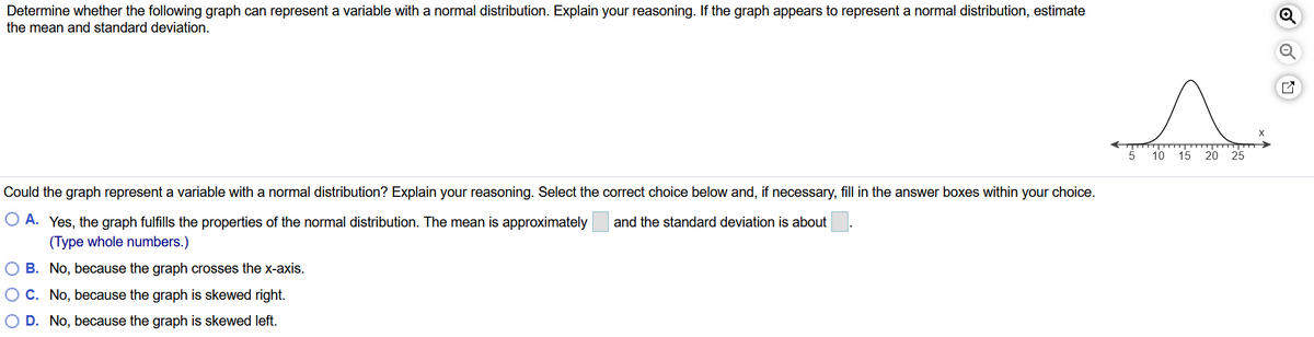 Determine whether the following graph can represent a variable with a normal distribution. Explain your reasoning. If the graph appears to represent a normal distribution, estimate
the mean and standard deviation.
5
10 15 20 25
Could the graph represent a variable with a normal distribution? Explain your reasoning. Select the correct choice below and, if necessary, fill in the answer boxes within your choice.
O A. Yes, the graph fulfills the properties of the normal distribution. The mean is approximately
and the standard deviation is about
(Type whole numbers.)
O B. No, because the graph crosses the x-axis.
OC. No, because the graph is skewed right.
O D. No, because the graph is skewed left.
of
