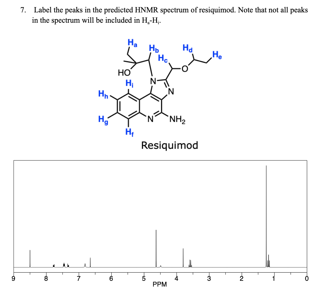 9
7. Label the peaks in the predicted HNMR spectrum of resiquimod. Note that not all peaks
in the spectrum will be included in Hå-H₁.
Ha
Ju
H₁
H₂
HO
H₁
H₂
Hc
Ha
PPM
NH₂
Resiquimod
He