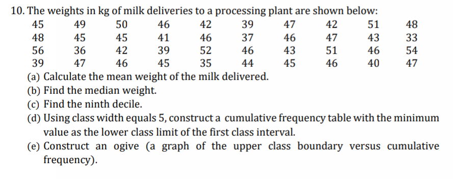 10. The weights in kg of milk deliveries to a processing plant are shown below:
45
49
50
46
42
39
47
42
51
48
48
45
45
41
46
37
46
47
43
33
56
36
42
39
52
46
43
51
46
54
39
47
46
45
35
44
45
46
40
47
(a) Calculate the mean weight of the milk delivered.
(b) Find the median weight.
(c) Find the ninth decile.
(d) Using class width equals 5, construct a cumulative frequency table with the minimum
value as the lower class limit of the first class interval.
(e) Construct an ogive (a graph of the upper class boundary versus cumulative
frequency).
