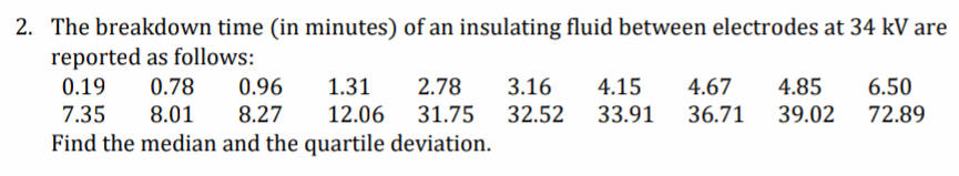 2. The breakdown time (in minutes) of an insulating fluid between electrodes at 34 kV are
reported as follows:
0.19
0.78
0.96
1.31
2.78
3.16
4.67
4.85
6.50
4.15
32.52 33.91
7.35
8.01
8.27
12.06 31.75
36.71
39.02
72.89
Find the median and the quartile deviation.
