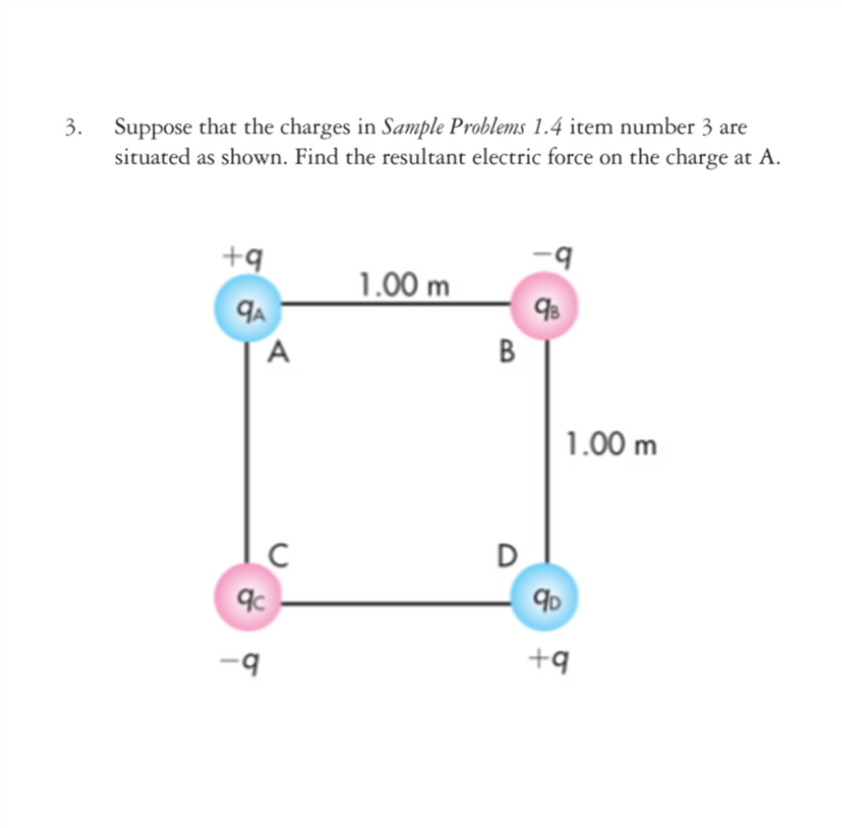 Suppose that the charges in Sample Problems 1.4 item number 3 are
situated as shown. Find the resultant electric force on the charge at A.
3.
+q
1.00 m
A
В
1.00 m
D
b.
+q
