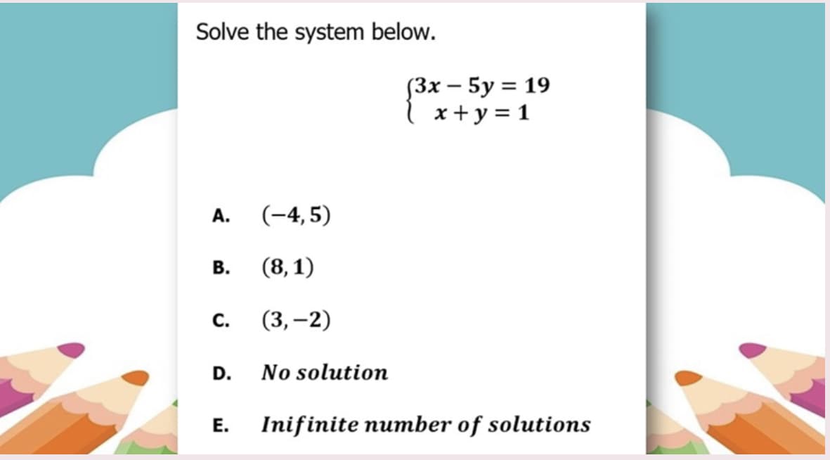Solve the system below.
[3x – 5y = 19
x + y = 1
А.
(-4,5)
В.
(8, 1)
С.
(3, –2)
D.
No solution
Е.
Inifinite number of solutions
