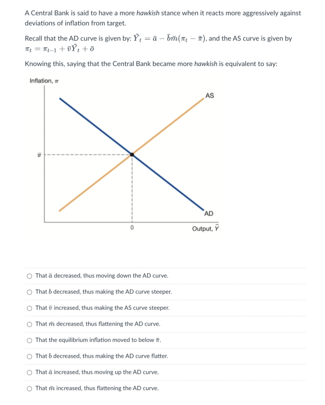 A Central Bank is said to have a more hawkish stance when it reacts more aggressively against
deviations of inflation from target.
Recall that the AD curve is given by: Ýį = ā – bm(T; – ñ), and the AS curve is given by
Tt = Tt-1 + ū¥Ýt +ō
Knowing this, saying that the Central Bank became more hawkish is equivalent to say:
Inflation,
AS
AD
Output, Ỹ
O That ā decreased, thus moving down the AD curve.
O That b decreased, thus making the AD curve steeper.
That ū increased, thus making the AS curve steeper.
O That ñ decreased, thus flattening the AD curve.
O That the equilibrium inflation moved to below ĩñ.
That b decreased, thus making the AD curve flatter.
O That ā increased, thus moving up the AD curve.
O That ñ increased, thus flattening the AD curve.
