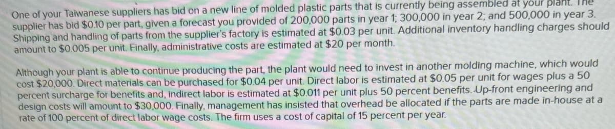 One of your Taiwanese suppliers has bid on a new line of molded plastic parts that is currently being assembled at your plant. The
supplier has bid $0.10 per part, given a forecast you provided of 200,000 parts in year 1; 300,000 in year 2; and 500,000 in year 3.
Shipping and handling of parts from the supplier's factory is estimated at $0.03 per unit. Additional inventory handling charges should
amount to $0.005 per unit. Finally, administrative costs are estimated at $20 per month.
Although your plant is able to continue producing the part, the plant would need to invest in another molding machine, which would
cost $20,000. Direct materials can be purchased for $0.04 per unit. Direct labor is estimated at $0.05 per unit for wages plus a 50
percent surcharge for benefits and, indirect labor is estimated at $0.011 per unit plus 50 percent benefits. Up-front engineering and
design costs will amount to $30,000. Finally, management has insisted that overhead be allocated if the parts are made in-house at a
rate of 100 percent of direct labor wage costs. The firm uses a cost of capital of 15 percent per year.