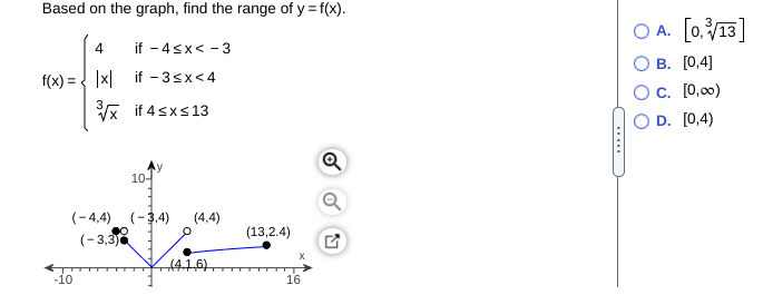 Based on the graph, find the range of y = f(x).
O A. [0.13]
4
if - 4sx< - 3
В. [0,4]
Oc. [0,00)
O D. [0,4)
f(x) = { |x if - 3sx<4
3.
x if 4sxs13
10-
(-3,4)
(-3,3
(-4,4)
(4,4)
(13,2.4)
(4.1,6)
-10
16
...
