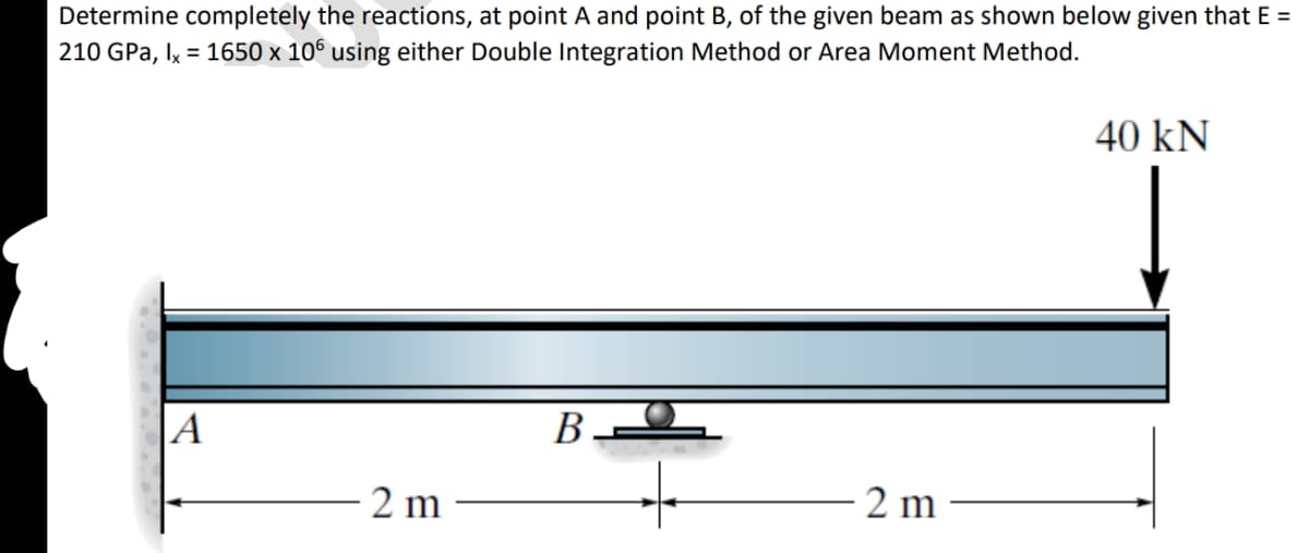 Determine completely the reactions, at point A and point B, of the given beam as shown below given that E =
210 GPa, Ix = 1650 x 10° using either Double Integration Method or Area Moment Method.
40 kN
|A
2 m
2 m
