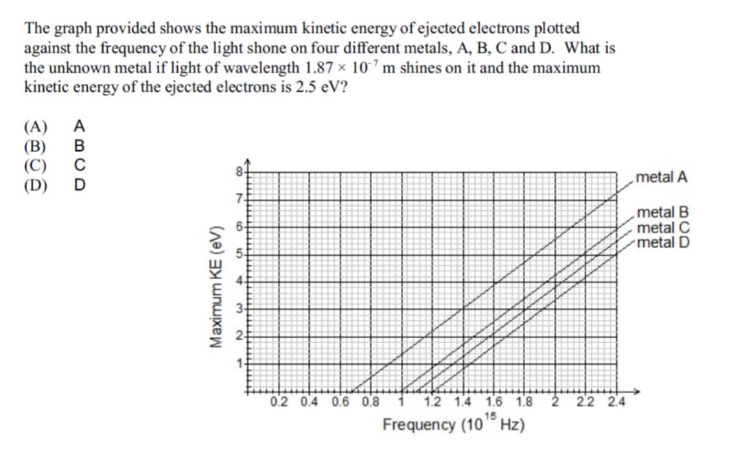 The graph provided shows the maximum kinetic energy of ejected electrons plotted
against the frequency of the light shone on four different metals, A, B, C and D. What is
the unknown metal if light of wavelength 1.87 × 107 m shines on it and the maximum
kinetic energy of the ejected electrons is 2.5 eV?
(A)
(В)
metal A
(D)
7.
.metal B
metal C
metal D
0.2 0.4 0.6 0.8
1.2 1.4 1.6 1.8
2.2 2.4
15
Frequency (10° Hz)
(BCD
Maximum KE (eV)
