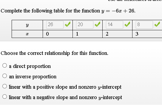 Complete the following table for the function y = -6x + 26.
26
20
14
1
2
3
Choose the correct relationship for this function.
O a direct proportion
an inverse proportion
linear with a positive slope and nonzero y-intercept
O linear with a negative slope and nonzero y-intercept
