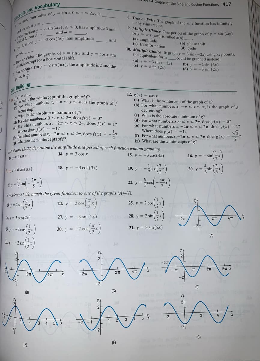 6,4 Graphs of the Sine and Cosine Functions 417
8. True or False The graph of the sine function has infinitely
many x-intercepts.
9. Multiple Choice One period of the graph of y = sin (wx )
or y = cos (wx) is called a(n)
(a) amplitude
(c) transformation
nd occurs at.r=
and w =
riod 2, then A =
and
(b) phase shift
(d) cycle
10. Multiple Choice To graph y = 3 sin (-2x) using key points,
the equivalent form
(a) y = -3 sin (-2x)
(c) y = 3 sin (2x)
period
could be graphed instead.
(b) y = -2 sin (3x)
(d) y = -3 sin (2x)
period is 5
Skill Building
/L 3) = sin r
What is the y-intercept of the graph of f?
12. g(x) = cos x
(a) What is the y-intercept of the graph of g?
(b) For what numbers x, - TSXST, is the graph of g
decreasing?
(c) What is the absolute minimum of g?
(d) For what numbers x,0 s xS 27, does g(x) = 0?
(e) For what numbers x, -2m SxS 27, does g(x) = 1?
Where does g(x) = -1?
(f) For what numbers x, -27SXS 27, does g (x) =
(g) What are the x-intercepts of g?
increasing?
a What is the absolute maximum of f?
(C) what numbersx,0 s x < 27 , does f(x) = 0?
Where does f(xr) = -1?
o For what numbers x, - 27 s x < 27, does f(x) =
(2) What are the x-intercepts of f?
ayc 13-22, determine the amplitude and period of each function without graphing.
V3,
14. y = 3 cos x
IR y = 5 sin x
15. y = -3 cos (4x)
16. y = - sin
\ny= 6 sin (7.x)
18. y = -3 cos (3x)
19. y = -
20. y =
10
21. y= Sin
22. y =
Problems 23-32, match the given function to one of the graphs (A)-(J).
2 y = 2 sin
24. y = 2 cos
25. y = 2 cos
26. y = 3 cos (2x)
27. y = -3 sin (2x)
(1
28. y = 2 sinx
-2T
4TT
29. y = -2 cosx
30. y = --2 cos
31. y = 3 sin (2r)
32. y = -2 sin
(A)
-2
4TT
-2TT
4TT
-IT
TT
3T
5T X
(D)
(C)
2
2
4
5
-2|
(G)
(E)
(F)
