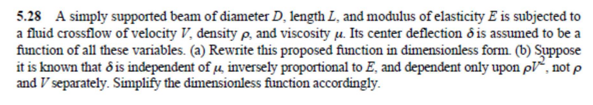 5.28 A simply supported beam of diameter D, length L, and modulus of elasticity E is subjected to
a fluid crossflow of velocity V, density e, and viscosity u. Its center deflection d is assumed to be a
function of all these variables. (a) Rewrite this proposed function in dimensionless form. (b) Suppose
it is known that ô is independent of u, inversely proportional to E, and dependent only upon pl, notp
and V separately. Simplify the dimensionless function accordingly.
