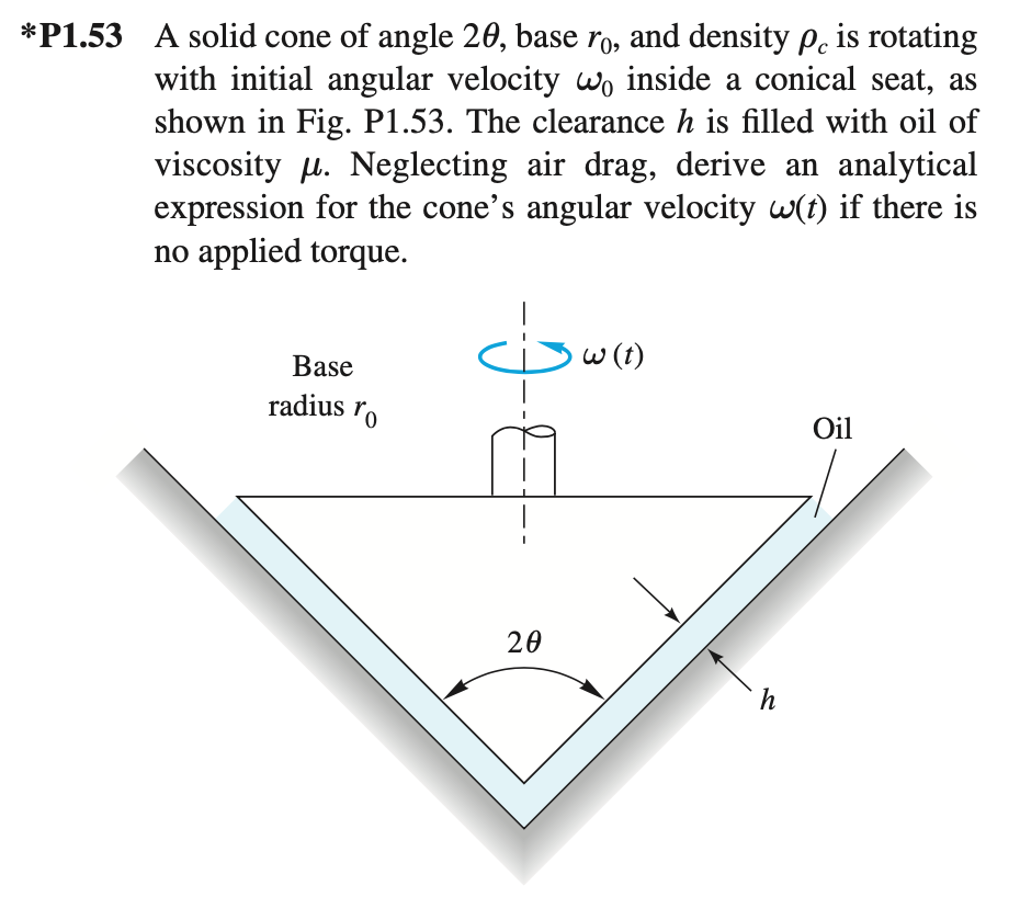 *P1.53 A solid cone of angle 20, base ro, and density p, is rotating
with initial angular velocity wo inside a conical seat, as
shown in Fig. P1.53. The clearance h is filled with oil of
viscosity u. Neglecting air drag, derive an analytical
expression for the cone's angular velocity w(t) if there is
no applied torque.
Base
w (t)
radius r.
Oil
20
h
