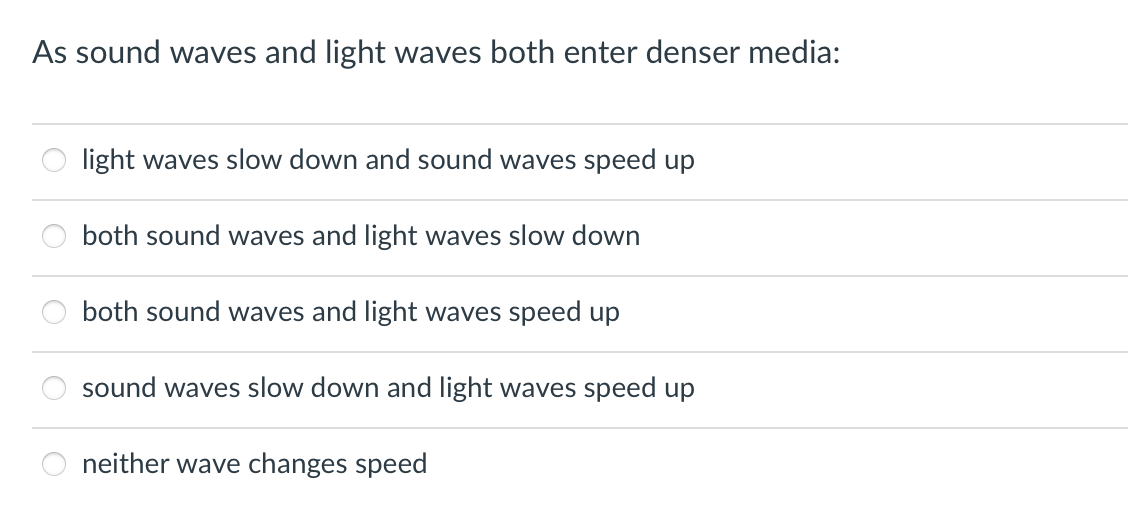 As sound waves and light waves both enter denser media:
light waves slow down and sound waves speed up
both sound waves and light waves slow down
both sound waves and light waves speed up
sound waves slow down and light waves speed up
neither wave changes speed
