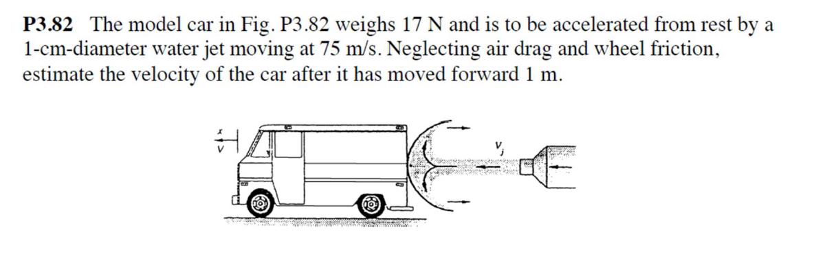 P3.82 The model car in Fig. P3.82 weighs 17 N and is to be accelerated from rest by a
1-cm-diameter water jet moving at 75 m/s. Neglecting air drag and wheel friction,
estimate the velocity of the car after it has moved forward 1 m.
