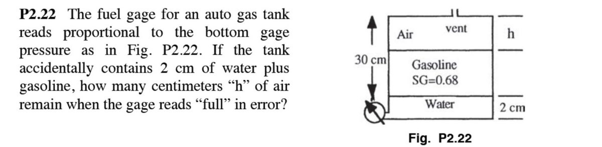 P2.22 The fuel gage for an auto gas tank
reads proportional to the bottom gage
pressure as in Fig. P2.22. If the tank
accidentally contains 2 cm of water plus
gasoline, how many centimeters “h" of air
remain when the gage reads "“full" in error?
vent
Air
h
30 cm
Gasoline
SG=0.68
Water
2 cm
Fig. P2.22
