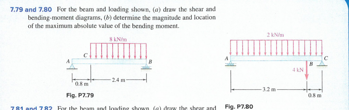 7.79 and 7.80 For the beam and loading shown, (a) draw the shear and
bending-moment diagrams, (b) determine the magnitude and location
of the maximum absolute value of the bending moment.
2 kN/m
8 kN/m
C
A
B
В
4 kN
2.4 m
0.8 m
3.2 m
Fig. P7.79
0.8 m
781 and 782 For the beam and loading shown, (a) draw the shear and
Fig. P7.80

