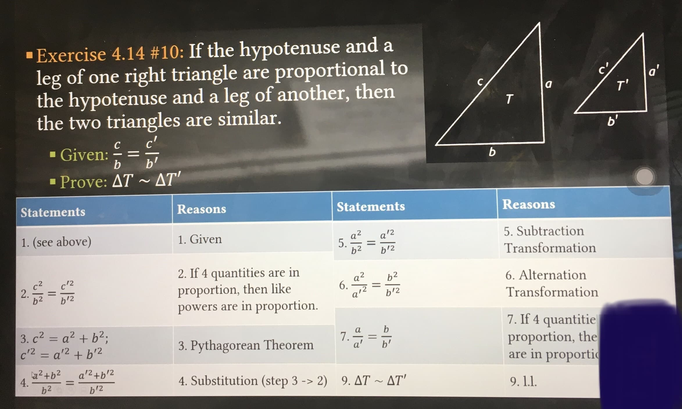 "Exercise 4.14 #10: If the hypotenuse and a
leg of one right triangle are proportional to
the hypotenuse and a leg of another, then
the two triangles are similar.
A4
c'
a'
T'
c'
- Given:
b
b'
- Prove: AT ~ AT'
Statements
Reasons
Statements
Reasons
1. (see above)
1. Given
a2
is
b2
5. Subtraction
a'2
%|
b'2
Transformation
2. If 4 quantities are in
proportion, then like
powers are in proportion.
c2
c'2
a2
b2
6. Alternation
%3D
b2
b'2
b'2
Transformation
3. c2 = a2 + b2;
c'2 = a'2 + b'2
7. If 4 quantitie
proportion, the
are in proportic
b.
3. Pythagorean Theorem
b'
a'
a?+b2
4.
b2
a'2+b'2
%3D
b'2
4. Substitution (step 3 -> 2) 9. AT ~ AT'
9. 1.1.
6.
7.
2.

