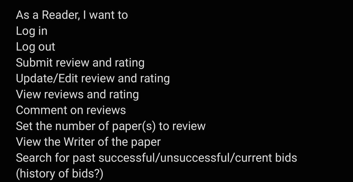 As a Reader, I want to
Log in
Log out
Submit review and rating
Update/Edit review and rating
View reviews and rating
Comment on reviews
Set the number of paper(s) to review
View the Writer of the paper
Search for past
(history of bids?)
successful/unsuccessful/current bids