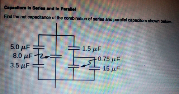 Capacitors in Serles and in Parallel
Find the net capacitance of the combination of series and parallel capacitors shown below.
5.0 μ -
8.0 µF 2
3.5 µF
1.5 µF
0.75 µF
15 µF
