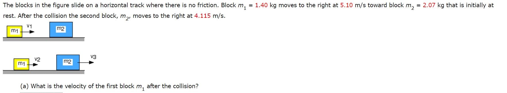 = 1.40 kg moves to the right at 5.10 m/s toward block m, = 2.07 kg that is initially at
The blocks in the figure slide on a horizontal track where there is no friction. Block m,
rest. After the collision the second block, m.,, moves to the right at 4.115 m/s.
V1
m2
m1
V3
v2
m2
m1
(a) What is the velocity of the first block m, after the collision?
