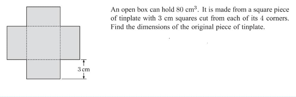 An open box can hold 80 cm³. It is made from a square piece
of tinplate with 3 cm squares cut from each of its 4 corners.
Find the dimensions of the original piece of tinplate.
3 cm

