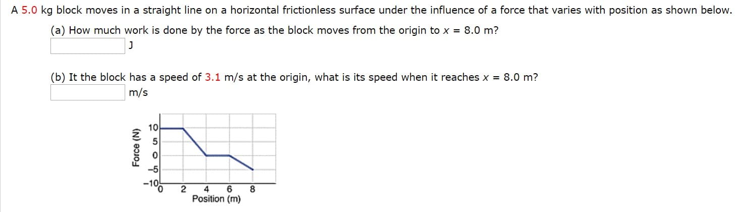 A 5.0 kg block moves in a straight line on a horizontal frictionless surface under the influence of a force that varies with position as shown below.
(a) How much work is done by the force as the block moves from the origin to x = 8.0 m?
(b) It the block has a speed of 3.1 m/s at the origin, what is its speed when it reaches x = 8.0 m?
m/s
10
8.
2
4
Position (m)
