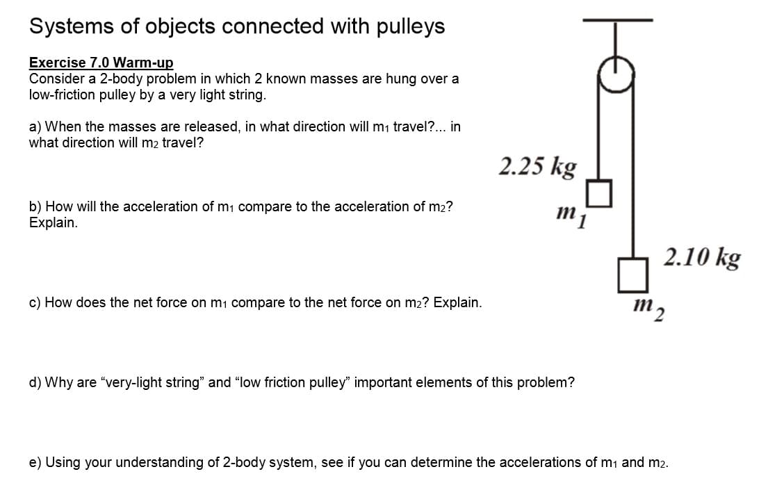 Systems of objects connected with pulleys
Exercise 7.0 Warm-up
Consider a 2-body problem in which 2 known masses are hung over a
low-friction pulley by a very light string.
a) When the masses are released, in what direction will m1 travel?.
what direction will m2 travel?
in
2.25 kg
b) How will the acceleration of m1 compare to the acceleration of m2?
Explain
2.10 kg
111 2
c) How does the net force on m1 compare to the net force on m2? Explain
d) Why are "very-light string" and "low friction pulley" important elements of this problem?
e) Using your understanding of 2-body system, see if you can determine the accelerations of m1 and m2.
