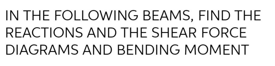 IN THE FOLLOWING BEAMS, FIND THE
REACTIONS AND THE SHEAR FORCE
DIAGRAMS AND BENDING MOMENT