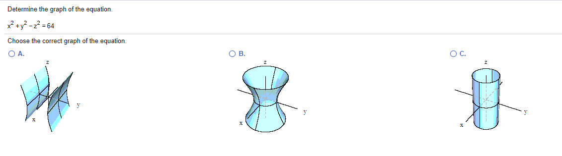 Determine the graph of the equation.
x? +y? -2? = 64
Choose the correct graph of the equation.
O A.
O B.
OC.
