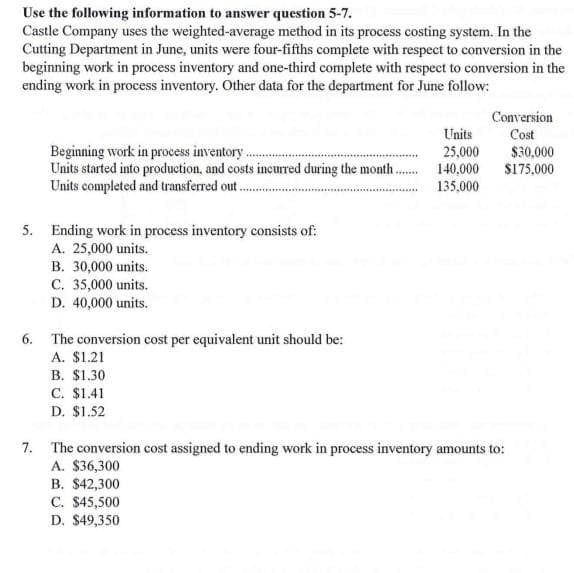 Use the following information to answer question 5-7.
Castle Company uses the weighted-average method in its process costing system. In the
Cutting Department in June, units were four-fifths complete with respect to conversion in the
beginning work in process inventory and one-third complete with respect to conversion in the
ending work in process inventory. Other data for the department for June follow:
Conversion
Units
Cost
Beginning work in process inventory..
Units started into production, and costs incurred during the month.
Units completed and transferred out..
25,000
140,000
$30,000
S175,000
135,000
5. Ending work in process inventory consists of:
A. 25,000 units.
B. 30,000 units.
C. 35,000 units.
D. 40,000 units.
6. The conversion cost per equivalent unit should be:
A. $1.21
B. $1.30
C. $1.41
D. $1.52
7. The conversion cost assigned to ending work in process inventory amounts to:
A. $36,300
B. $42,300
C. $45,500
D. $49,350
