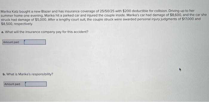 Marika Katz bought a new Blazer and has insurance coverage of 25/50/25 with $200 deductible for collision. Driving up to her
summer home one evening, Marika hit a parked car and injured the couple inside. Marika's car had damage of $8,600, and the car she
struck had damage of $5,000. After a lengthy court suit, the couple struck were awarded personal injury judgments of $17,000 and
$8,500, respectively.
a. What will the insurance company pay for this accident?
Amount paid
b. What is Marika's responsibility?
Amount paid
