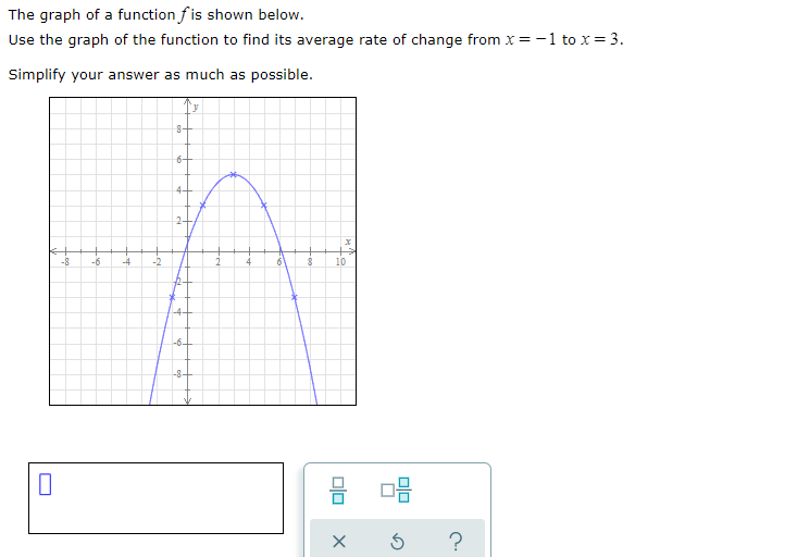 The graph of a function fis shown below.
Use the graph of the function to find its average rate of change from x= -1 to x= 3.
Simplify your answer as much as possible.
6+
-8
-6
-4
-2
10
-6
-8-
?
4-
